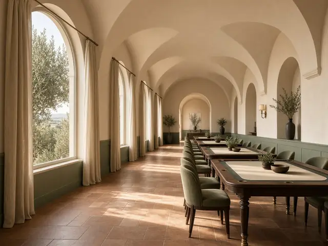 Nave de mesas con arcos y cortinas de lino